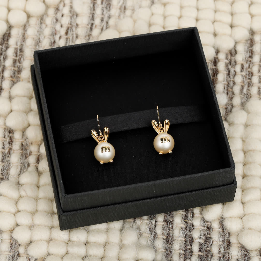 Miu Miu Gold Tone Bunny Earrings with Pearl Detail